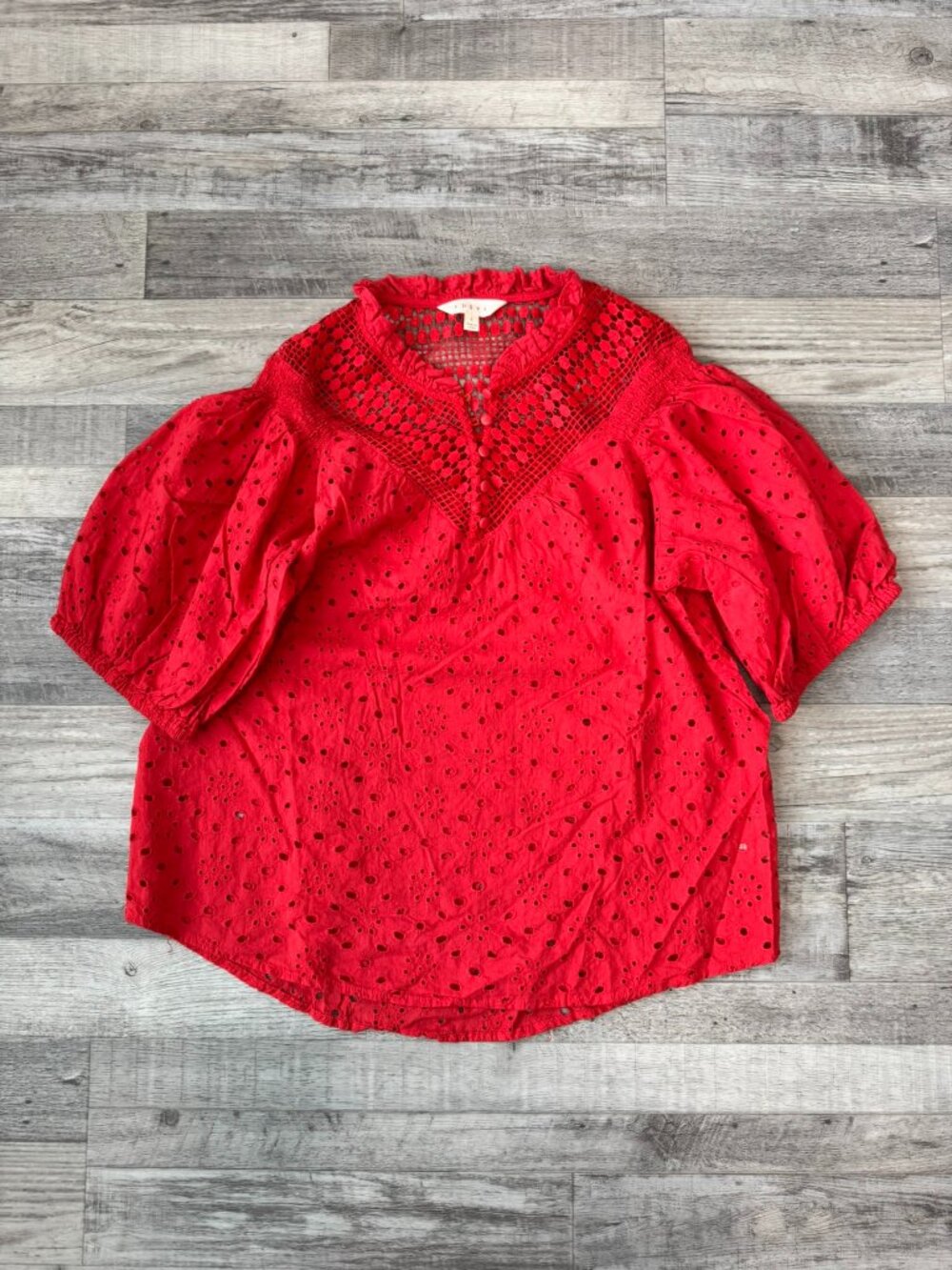 Adiva Red Eyelet Lace Short Sleeve Blouse Size Large Puff Sleeve, Semi Sheer N29